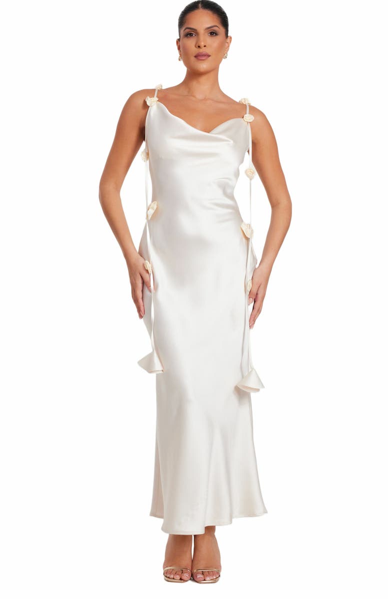 QUIZ Satin Cowl Neck Maxi Dress With Trailing Floral Trim, Main, color, 