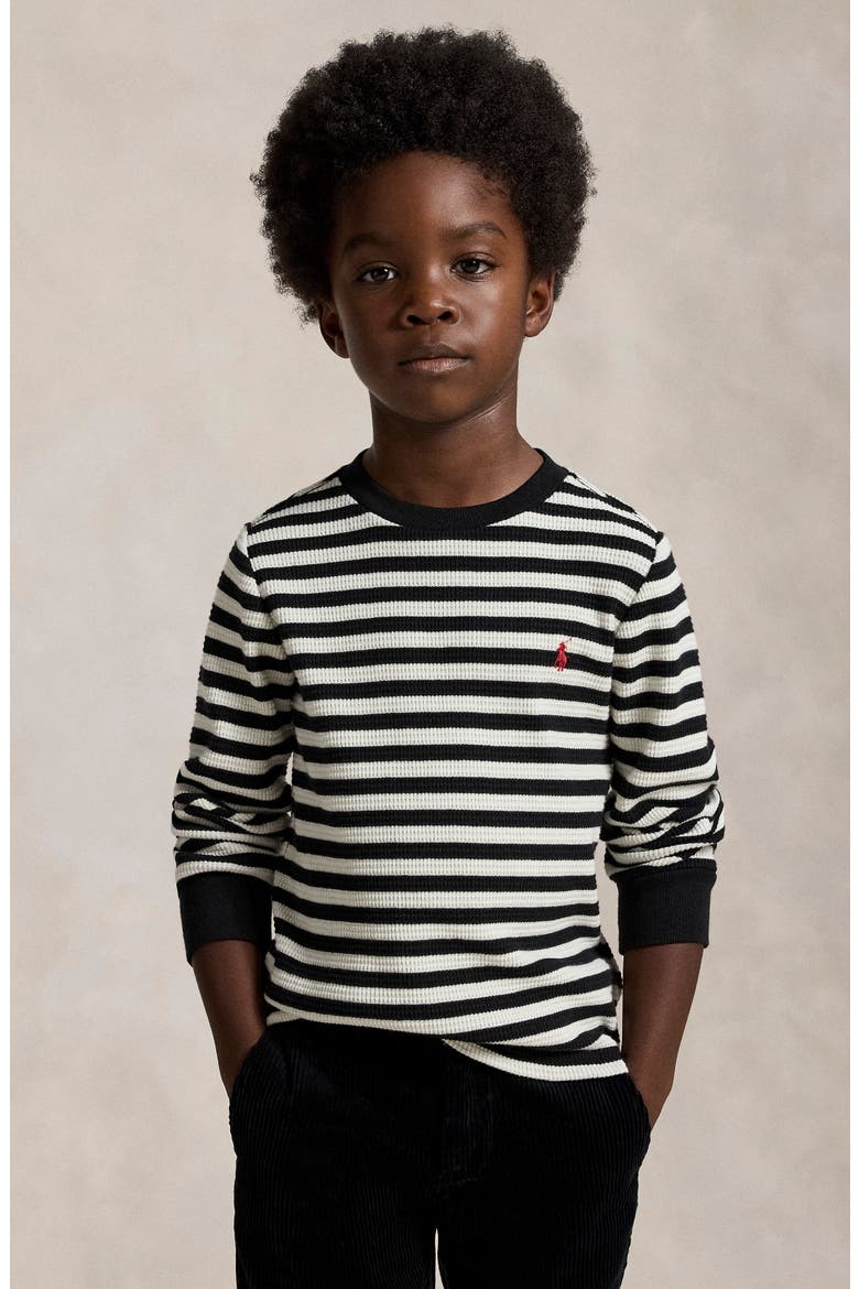 Kids' Waffle Knit Long Sleeve T-Shirt, Alternate, color, POLO BLACK/ CLUBHOUSE CREAM