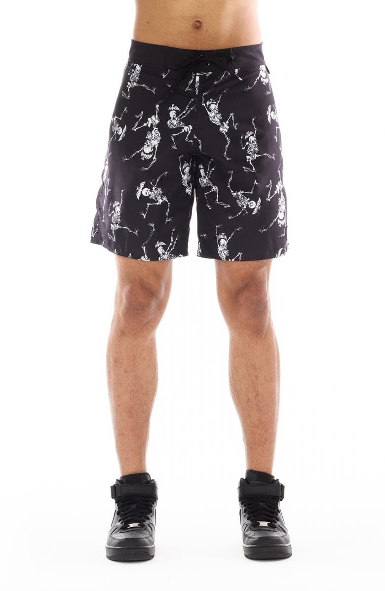 Cult of Individuality Skull Print Swim Trunks, Main, color, 
