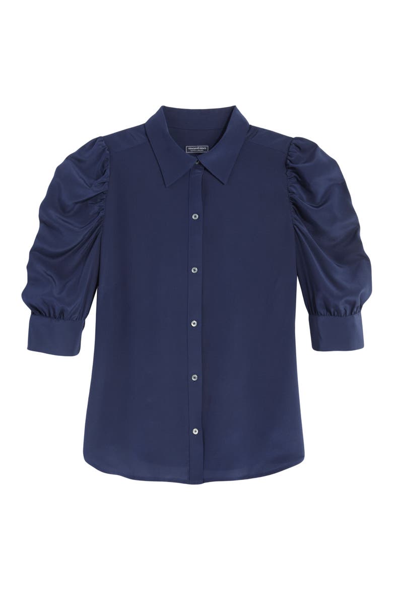 Puff Sleeve Silk Crêpe de Chine Button-Up Shirt, Alternate, color, NAUTICAL NAVY