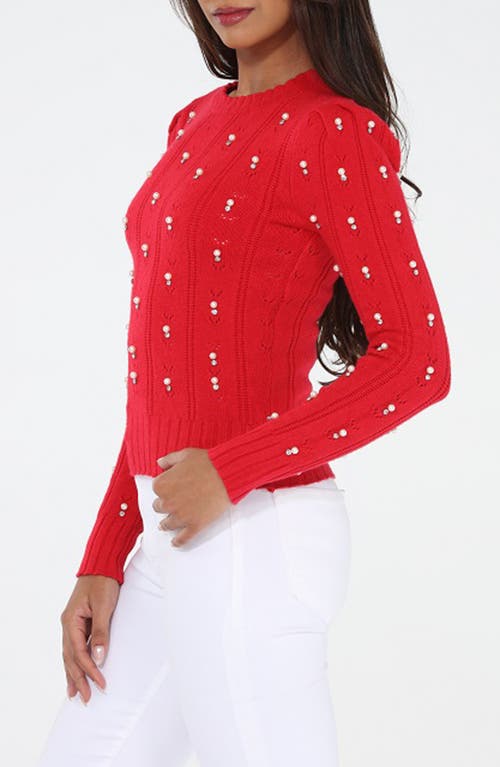 Rain And Rose Faux Pearl Cotton Blend Pointelle Sweater In Red