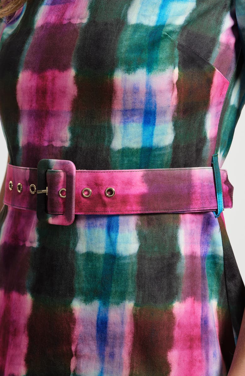 Isaac Mizrahi New York Tie Dye Pleated Belted Drop Waist Stretch Cotton Minidress, Alternate, color, Watercolor Tartan