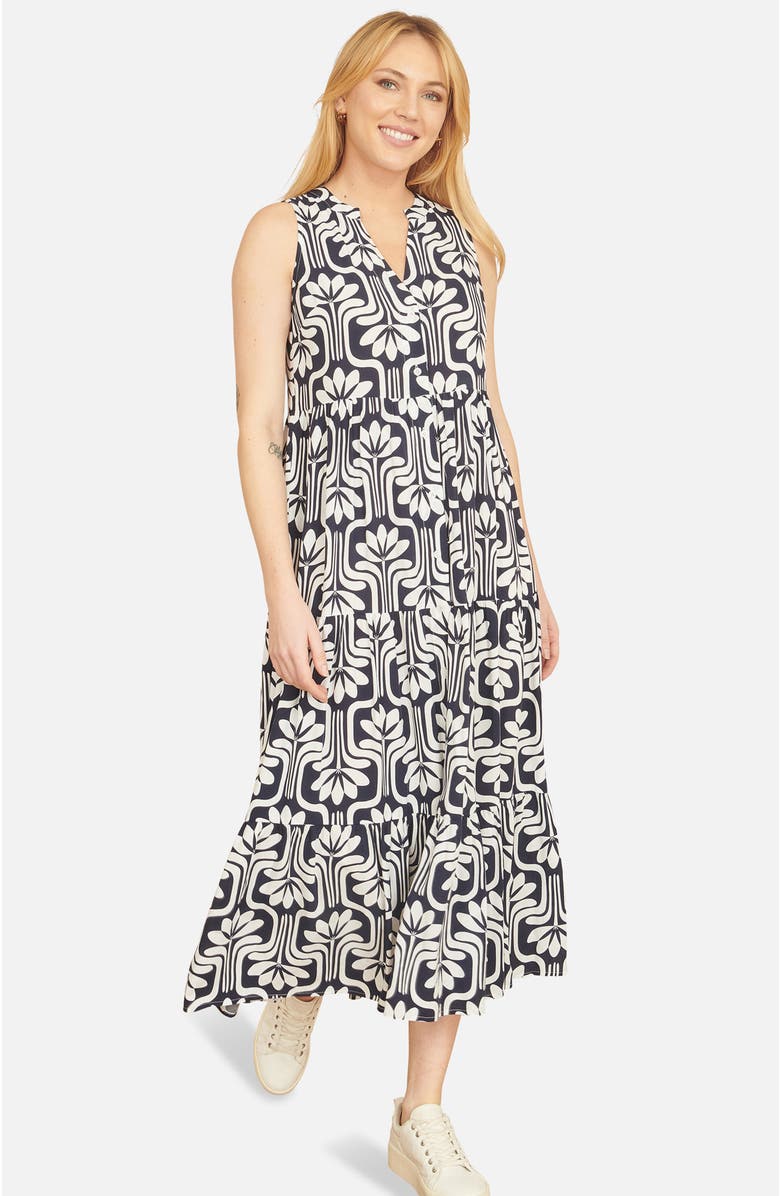 Yumi Retro Print Relaxed Midi Dress, Main, color, Navy