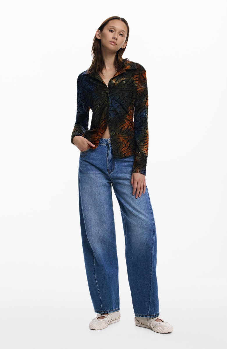 Desigual Abstract Stripe Metallic Long Sleeve Button-Up Shirt, Alternate, color, Green