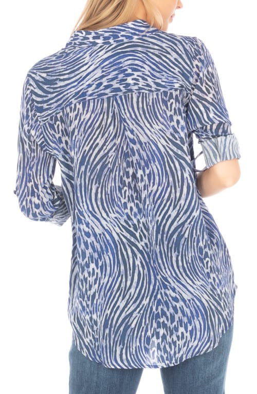 Apny Print Roll Tab Sleeve Button-up Shirt In Dark Blue Multi