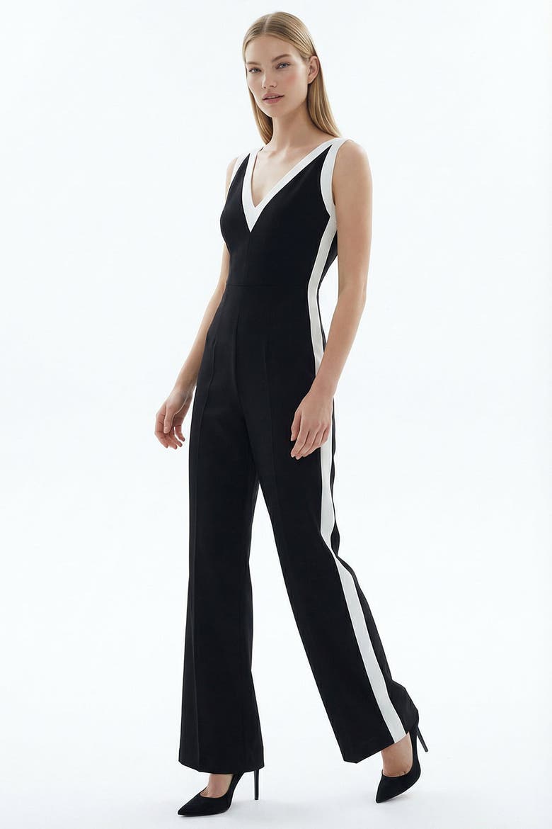 V-Neck Sleeveless Regular Fit Jumpsuit With White Stripes, Alternate, color, BLACK