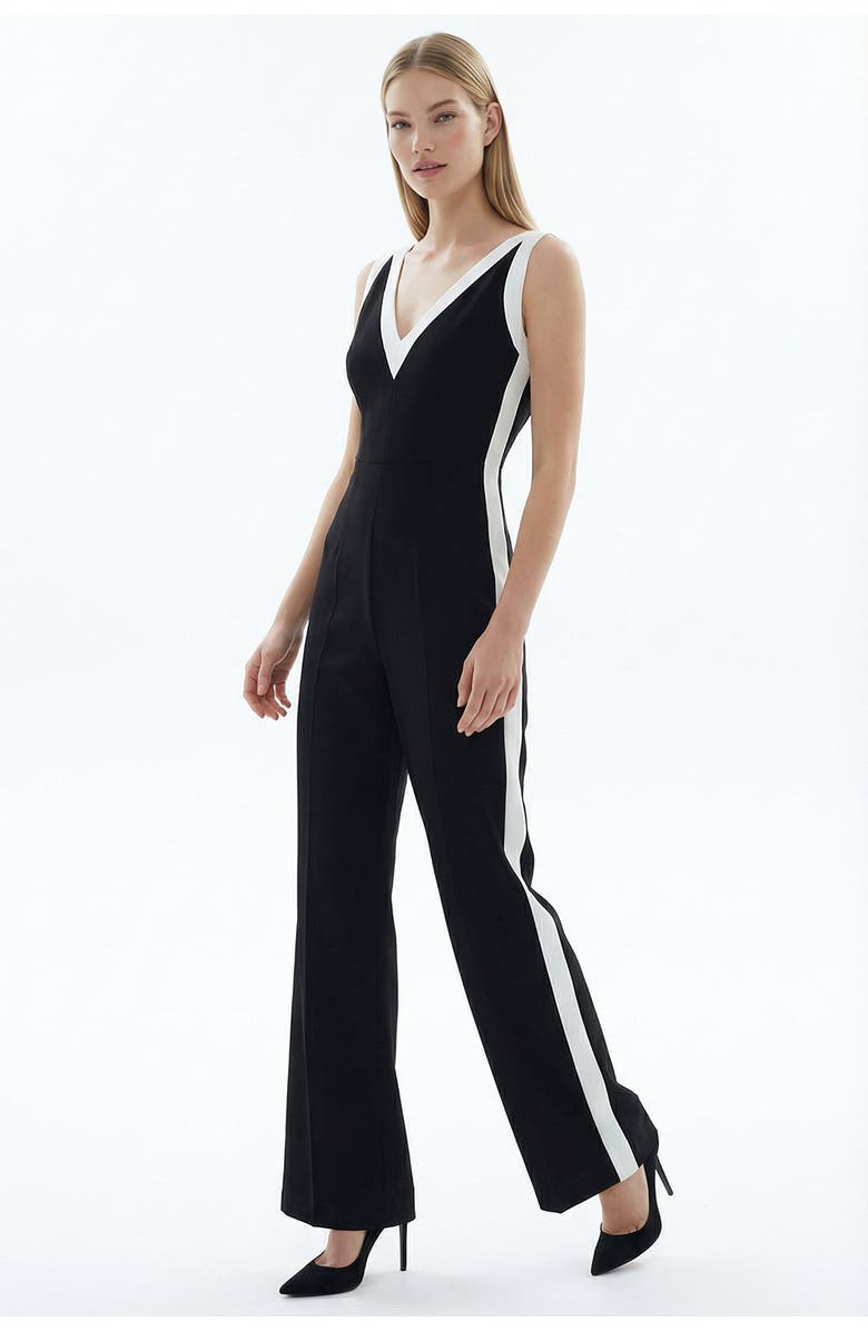Exquise V-Neck Sleeveless Regular Fit Jumpsuit With White Stripes, Alternate, color, Black