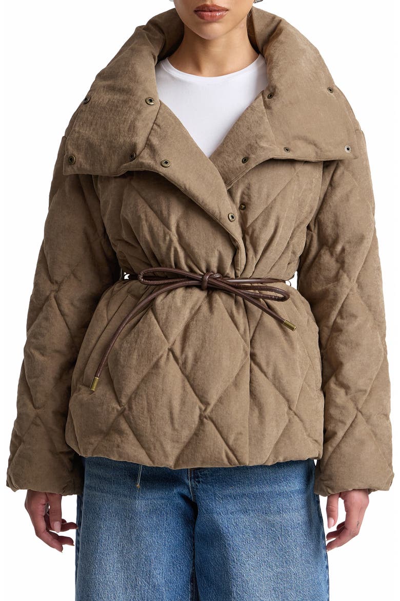 Tie Waist Puffer Coat, Main, color, MUSHROOM