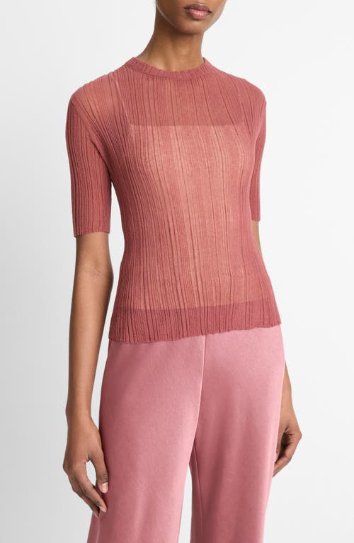 Vince Double-layered Ribbed Elbow-sleeve Top In Rose Jam/sabbia