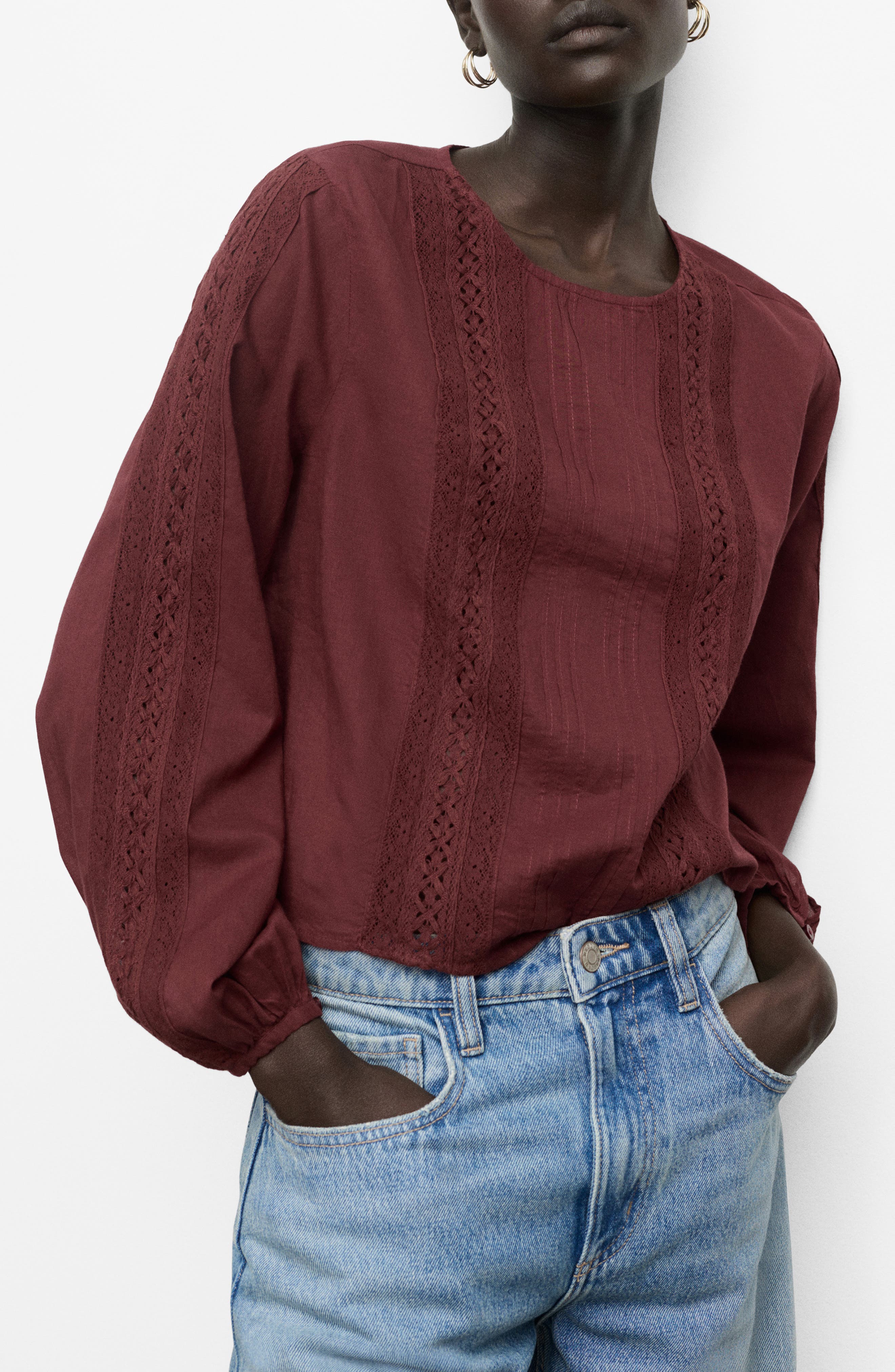 MANGO Embroidered Puff Sleeve Cotton Top