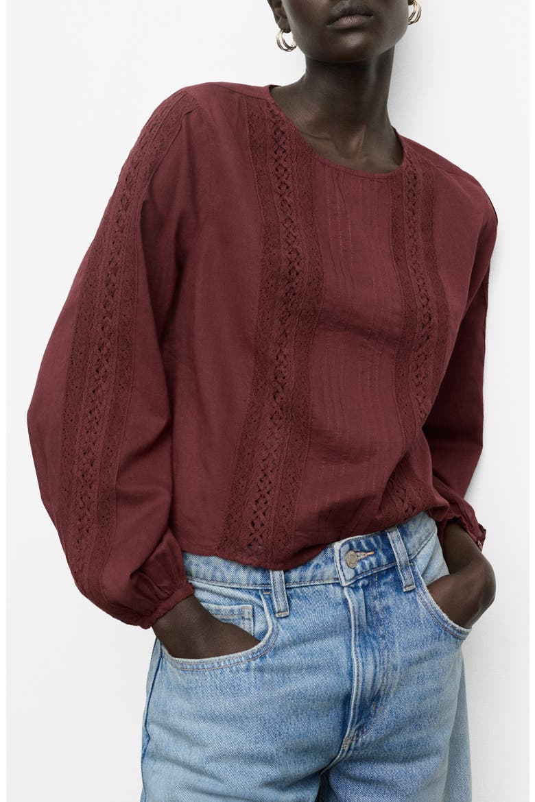 Embroidered Puff Sleeve Cotton Top, Main, color, BURGUNDY