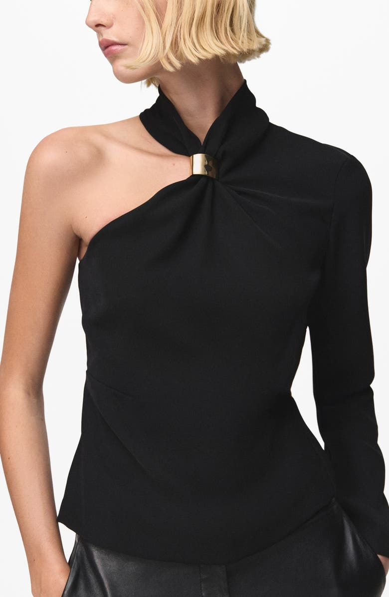 MANGO Metal Detail One-Shoulder Top, Main, color, Black