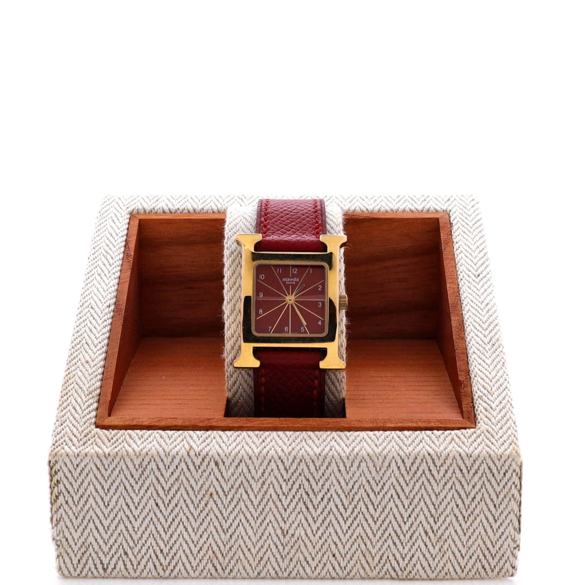 Pre-Owned Hermes Heure H Quartz Watch Plated Metal and Leather 21, Alternate, color, Red