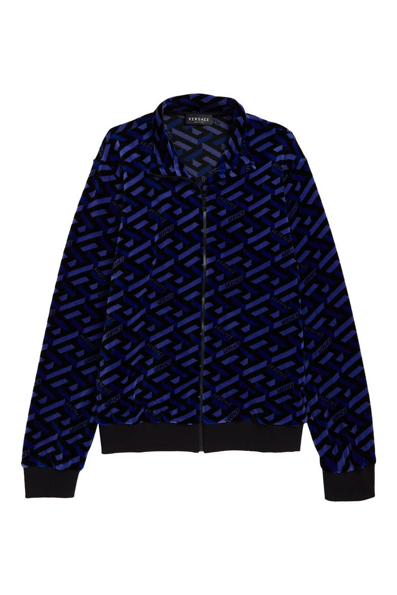 Kids' La Greca Monogram Cotton Chenille Track Jacket, Main, color, BLUE NAVY BLACK