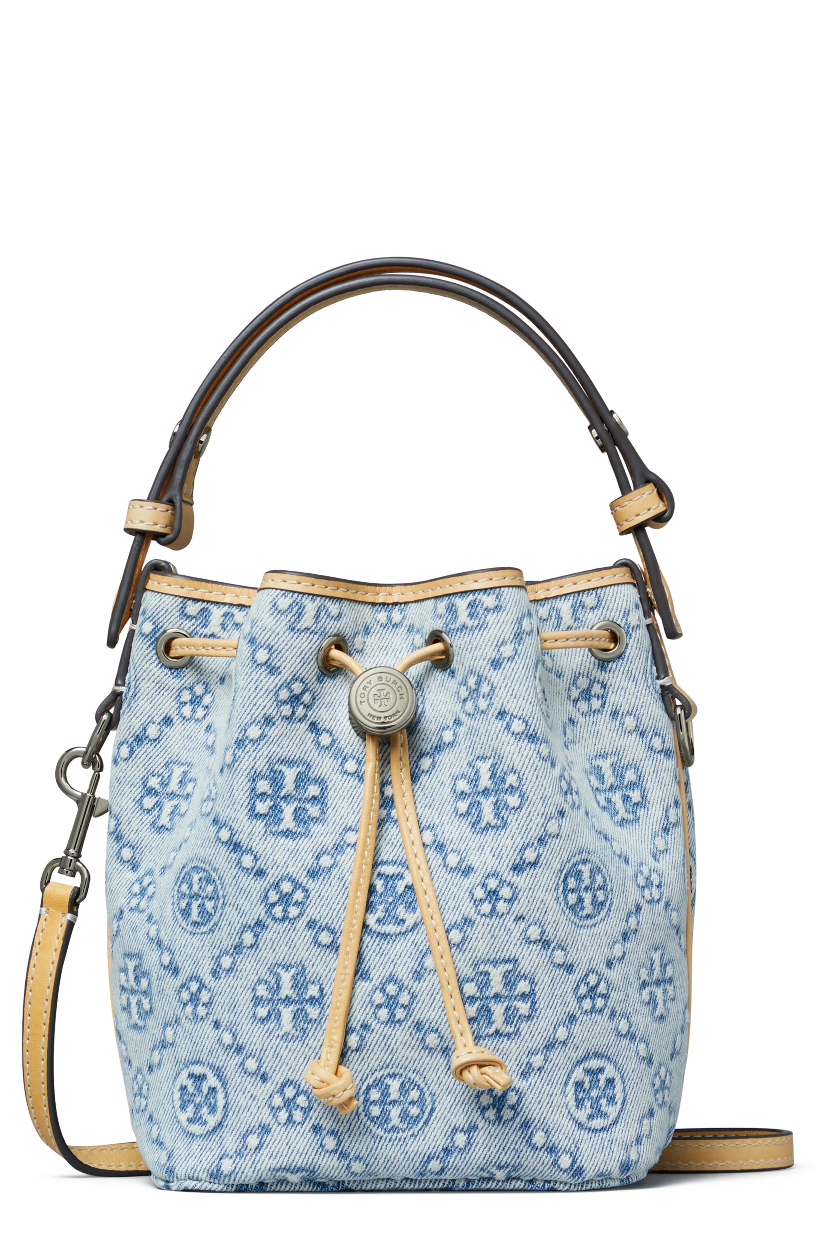 Tory Burch Mini T Monogram Denim Bucket Bag, Main, color, Powder Blue