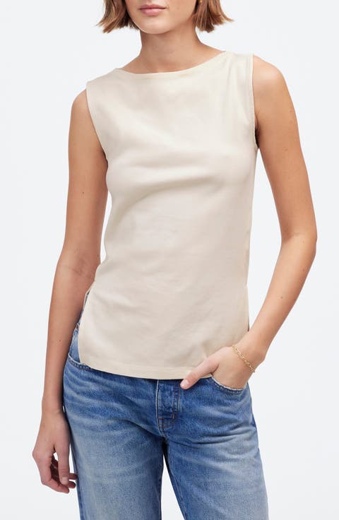 Sleeveless Boat Neck Side Slit T-Shirt