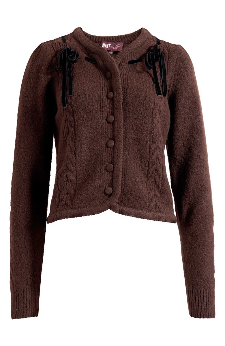 WAYF x Sara Walker Jackie Velvet Bow Cable Stitch Cardigan, Alternate, color, Espresso
