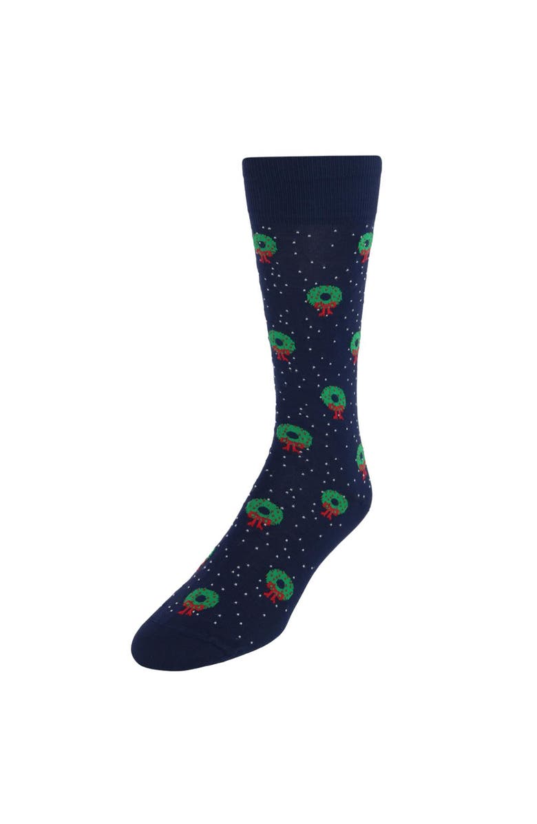 Trafalgar Deck The Halls Holiday Wreath Mid-Calf Mercerized Cotton Socks, Main, color, Navy Blue