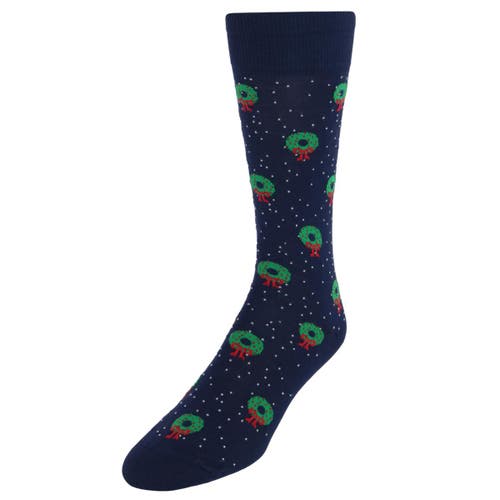 Trafalgar Deck The Halls Holiday Wreath Mid-calf Mercerized Cotton Socks In Navy Blue