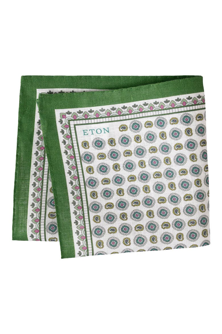 Geometric Print Linen Pocket Square, Main, color, MEDIUM GREEN