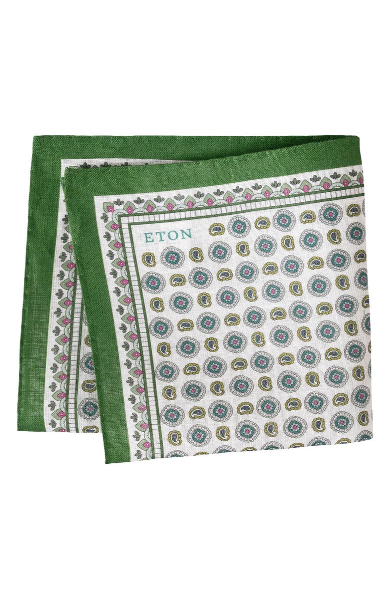 Eton Geometric Print Linen Pocket Square, Main, color, Medium Green