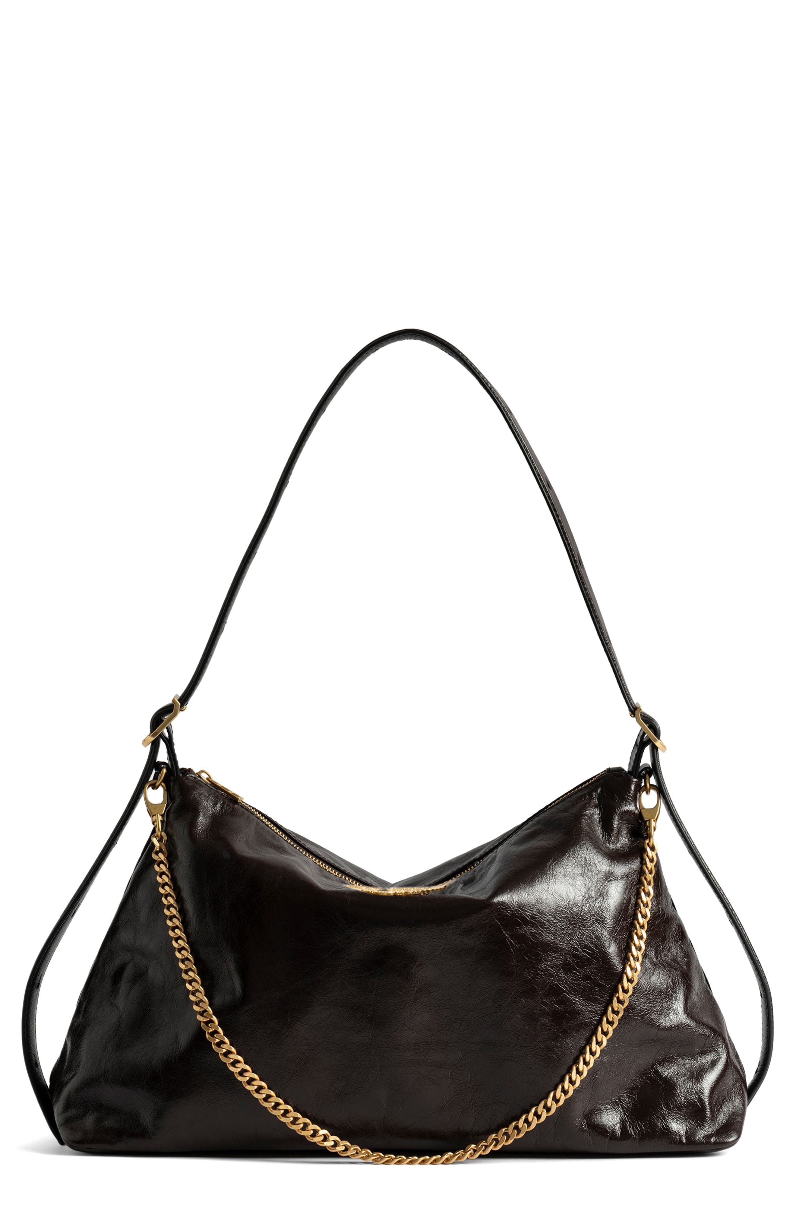 Zadig & Voltaire Jim Patent Leather Shoulder Bag, Main, color, Brownie