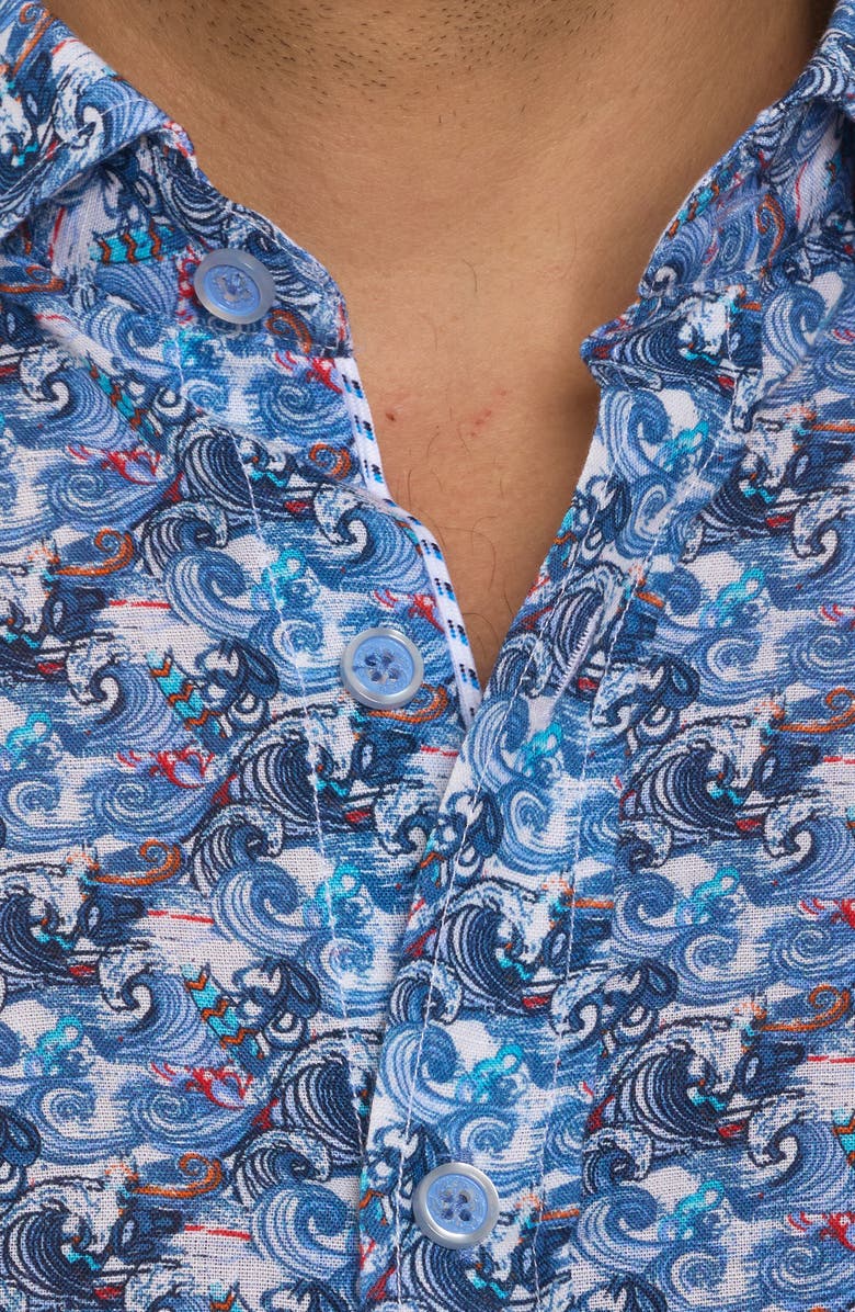 Robert Graham Big Sur Wave Print Linen & Cotton Button-Up Shirt, Alternate, color, 