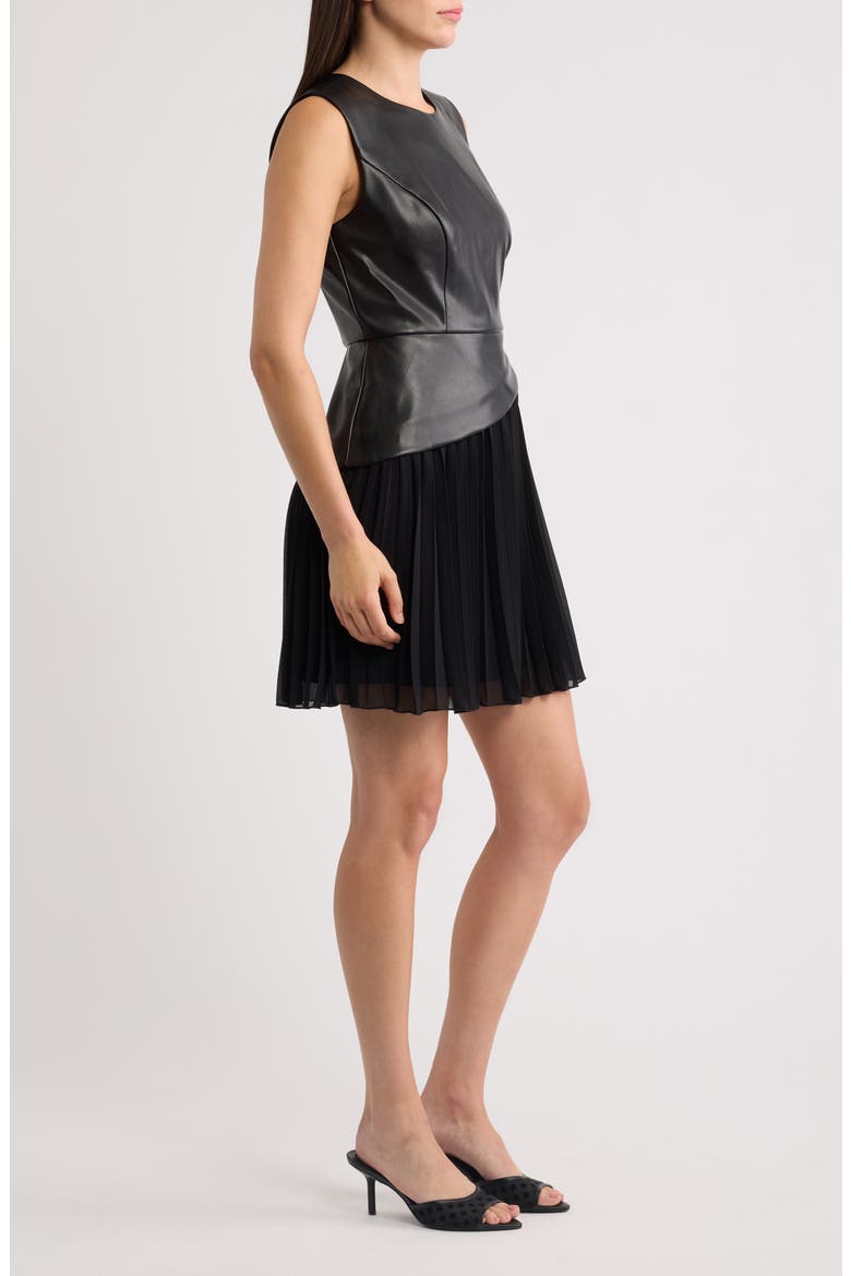 Pleated Skirt Sleeveless Faux Leather Dress, Alternate, color, BLACK