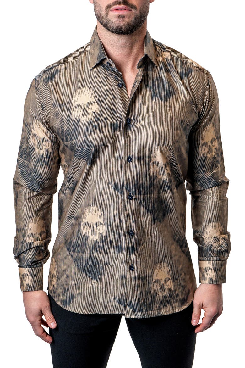 Einstein Skull Sand Brown Contemporary Fit Button-Up Shirt, Main, color, BROWN