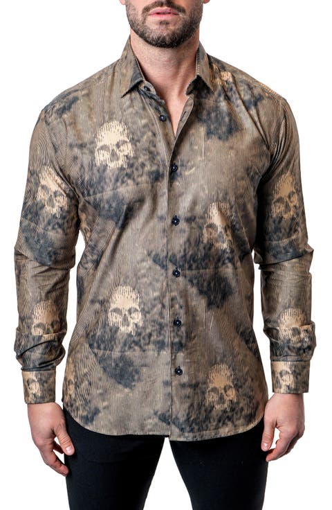 Einstein Skull Sand Brown Contemporary Fit Button-Up Shirt