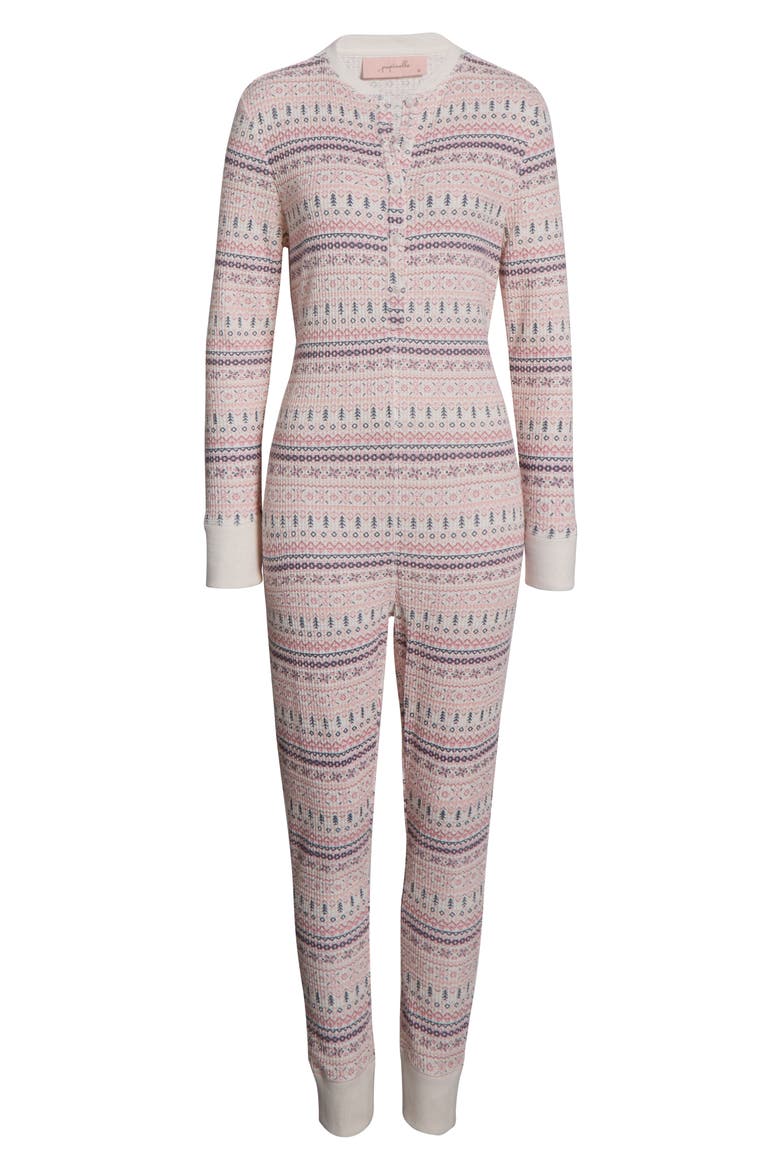 Fair Isle Waffle Knit Pajama Jumpsuit, Alternate, color, WINTER ROSE