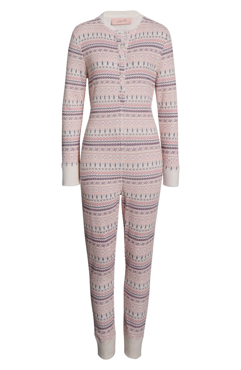 Papinelle Fair Isle Waffle Knit Pajama Jumpsuit, Alternate, color, Winter Rose