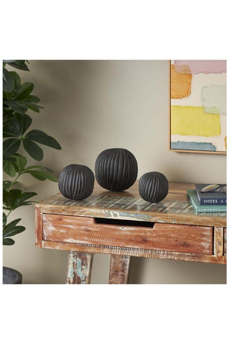 3-Piece Black Teak Wood Decorative Orbs, Alternate, color, BLACK