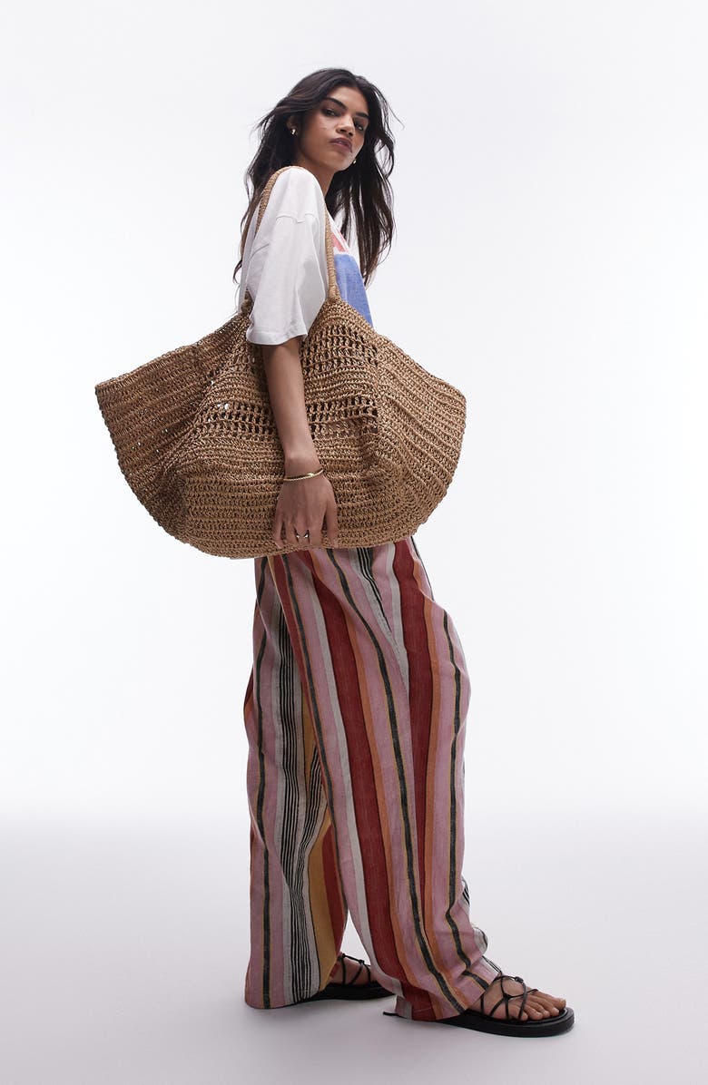 Topshop Stripe Linen Blend Wide Leg Pants, Alternate, color, Red Multi