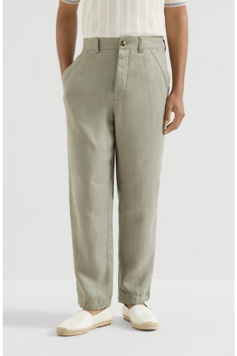 Linen micro chevron trousers with drawstrings, Main, color, Sage