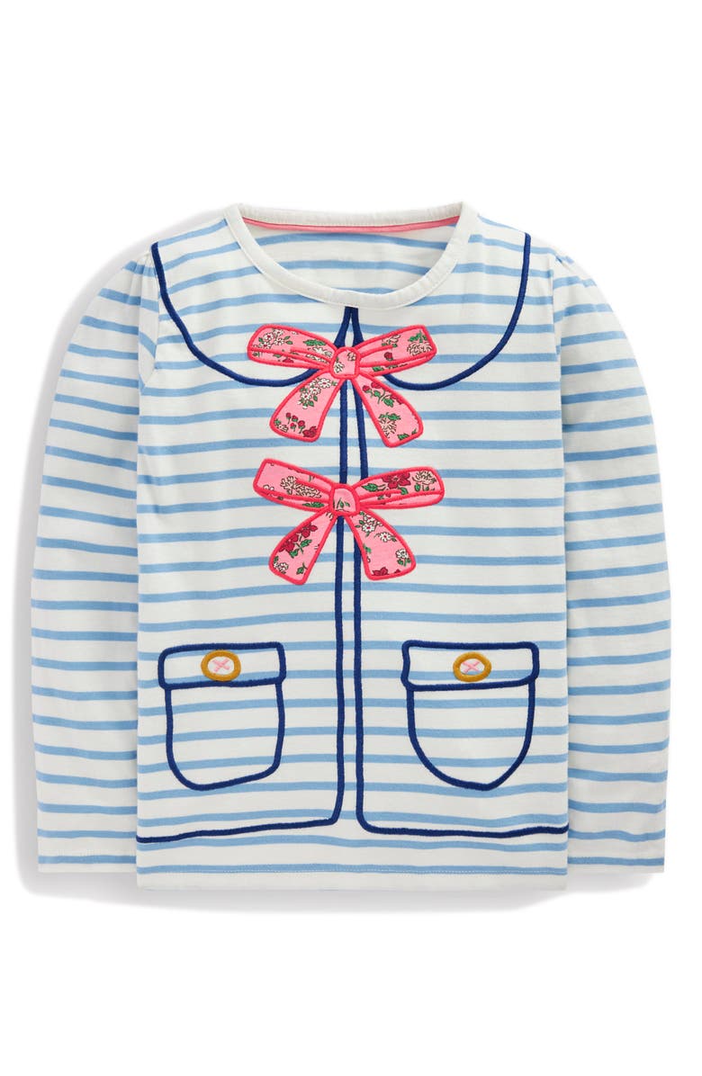 Mini Boden Kids' Stripe Bow Appliqué Long Sleeve Cotton Graphic T-Shirt, Main, color, Soft Ivory/ Glacier Blue