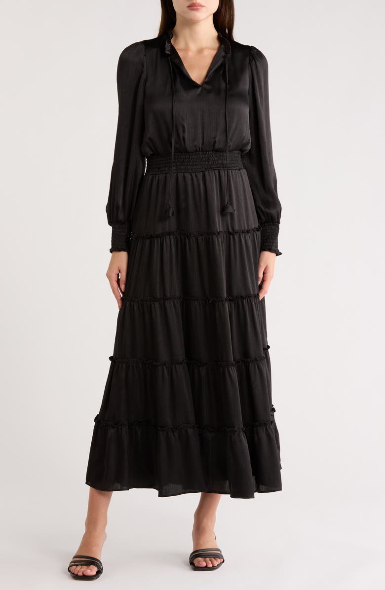 Halogen<sup>®</sup> Satin Long Sleeve Tiered Maxi Dress, Main, color, Rich Black