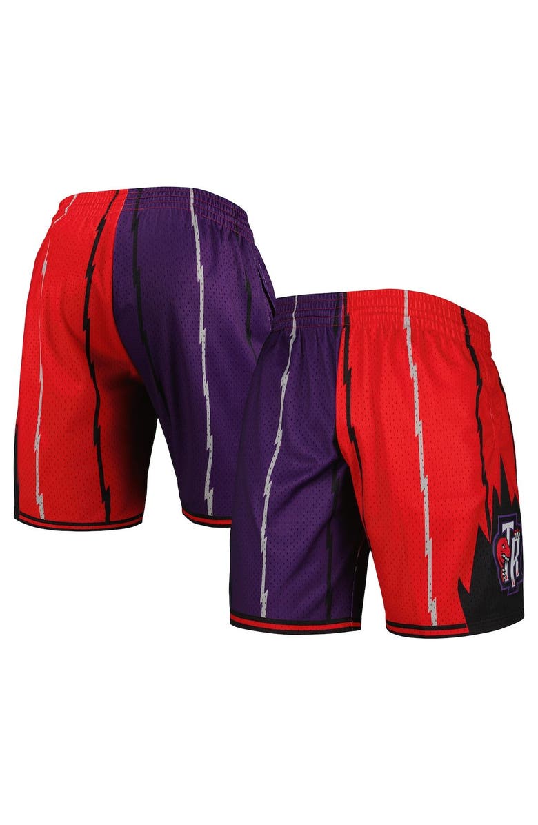 Mitchell & Ness Men's Mitchell & Ness Purple/Red Toronto Raptors Hardwood Classics 1998 Split Swingman Shorts, Main, color, 