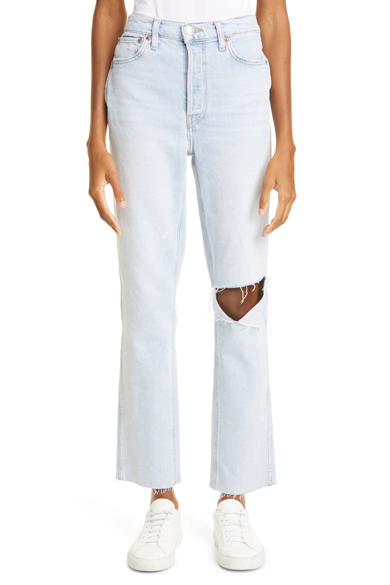 '80s High Waist Slim Straight Leg Jeans, Main, color, ICY BLUE WITH HOLE