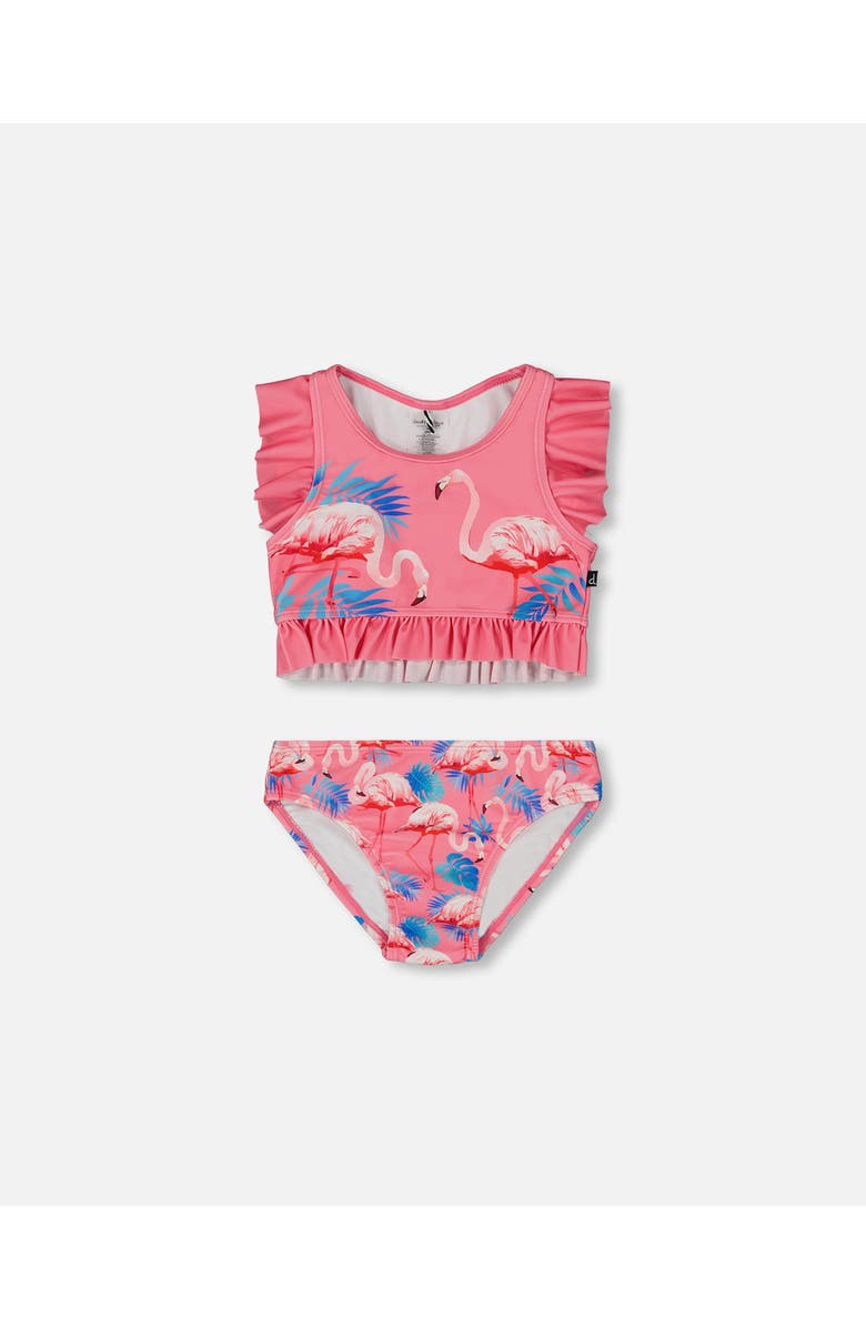 Deux par Deux Girl's Printed Two-Piece Swimsuit With Frills Candy Pink And Pink Flamingo, Main, color, Candy Pink And Pink Flamingo