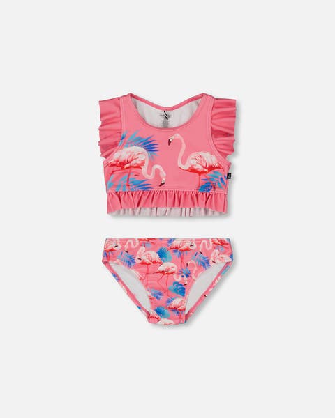 Girl's Printed Two-Piece Swimsuit With Frills Candy Pink And Pink Flamingo