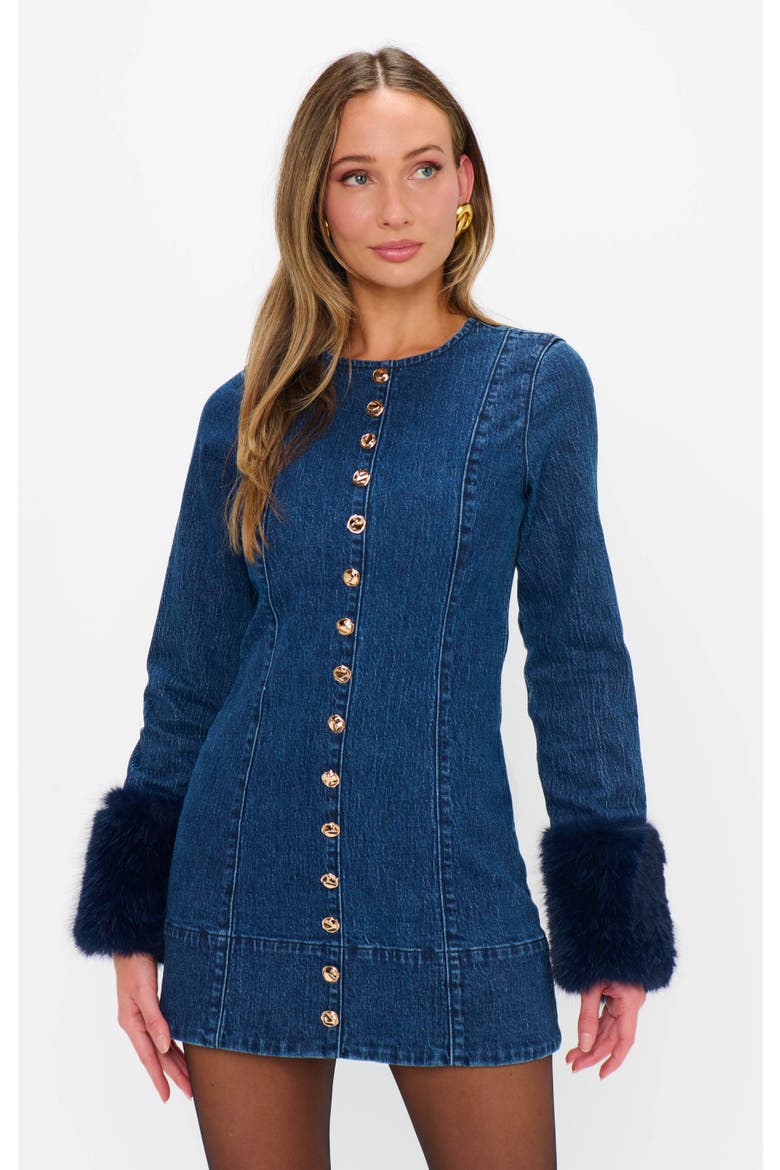 Rockefeller Mini Dress, Alternate, color, Subzero Indigo with Faux Fur