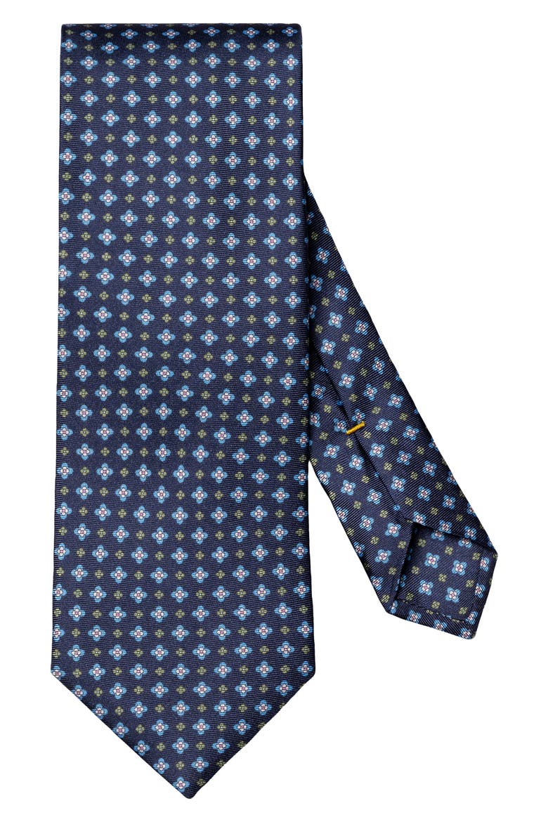 Navy Blue Floral Print Silk Twill Tie, Main, color, NAVY