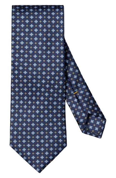 Navy Blue Floral Print Silk Twill Tie