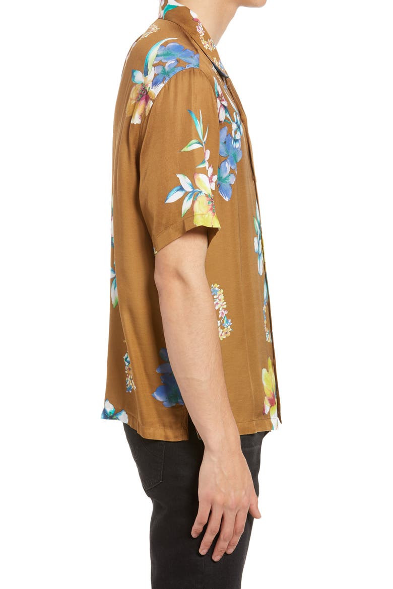 Hana Floral Short Sleeve Button-Up Camp Shirt, Alternate, color, SANTO BROWN