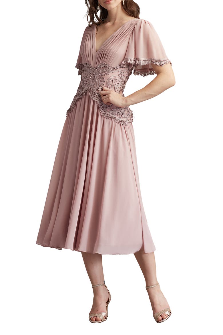 Scroll Detail Flutter Sleeve Cocktail Midi Dress, Main, color, PEBBLE