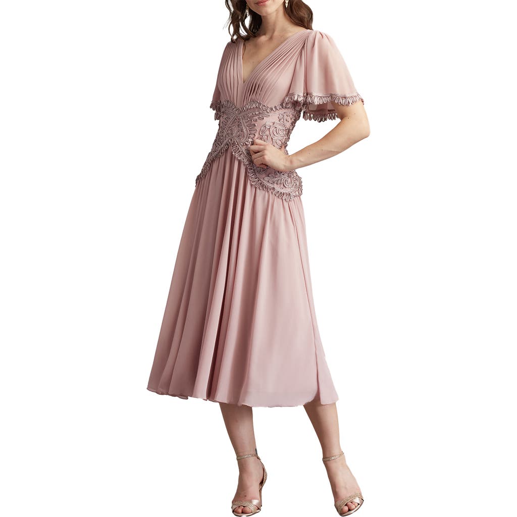 Tadashi Shoji Scroll Detail Flutter Sleeve Cocktail Midi Dress In Neutral