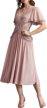 Tadashi Shoji Scroll Detail Flutter Sleeve Cocktail Midi Dress
