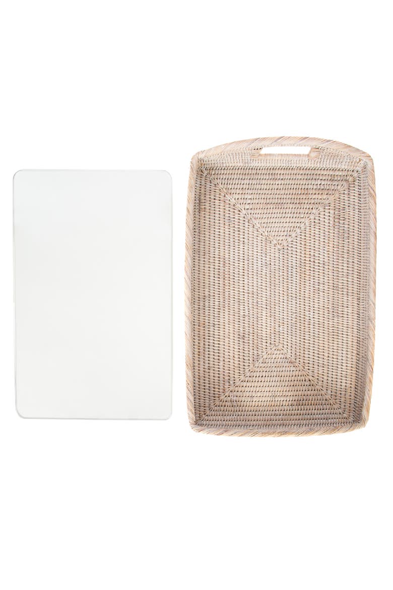 Rectangular Rattan Tray with Glass Insert, Alternate, color, White Wash