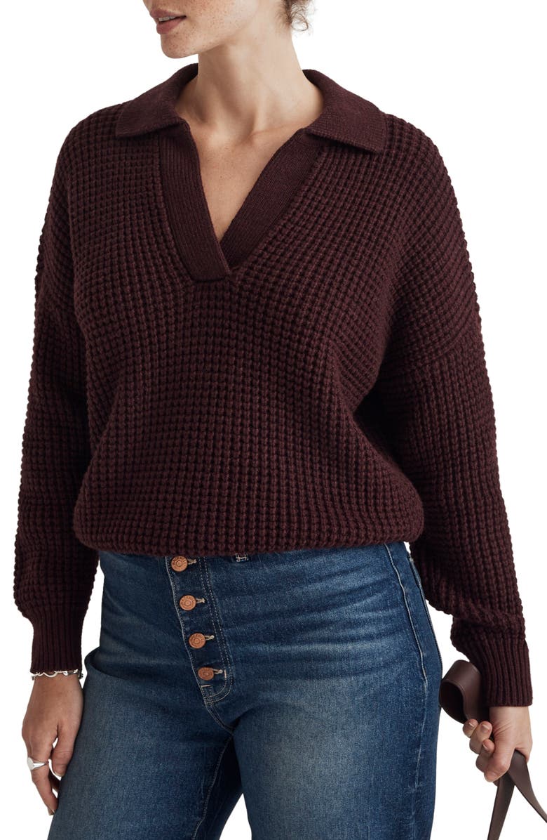 Madewell Waffle Knit Henley Sweater, Main, color, Heather Currant